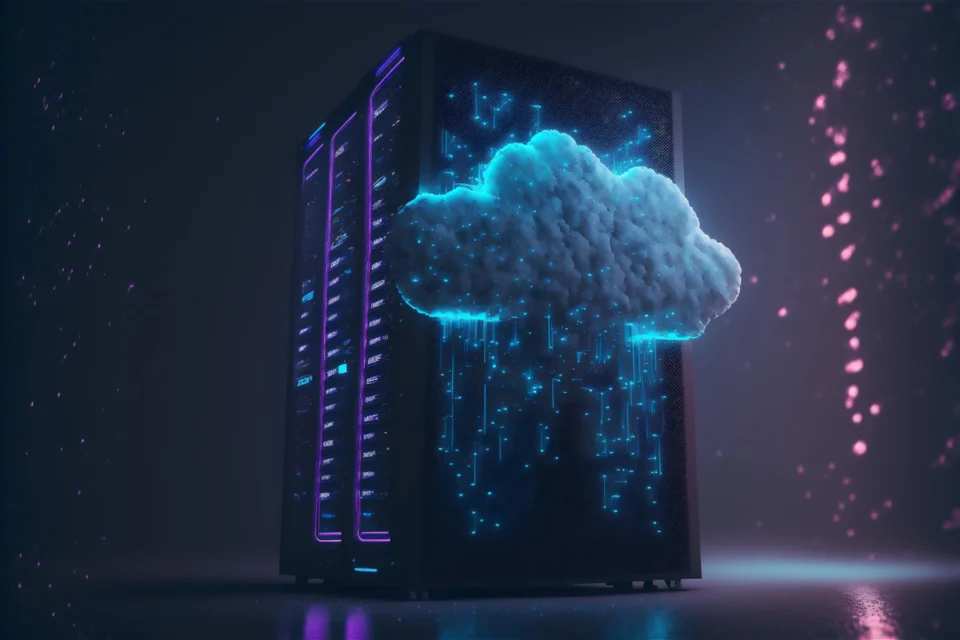 hosting; un ordenador y una nube enfrente de ella