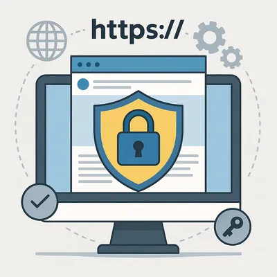 Ilustración de un monitor con un candado en un escudo que representa la seguridad web, acompañada de íconos que simbolizan las 10 medidas de seguridad en sitios web.