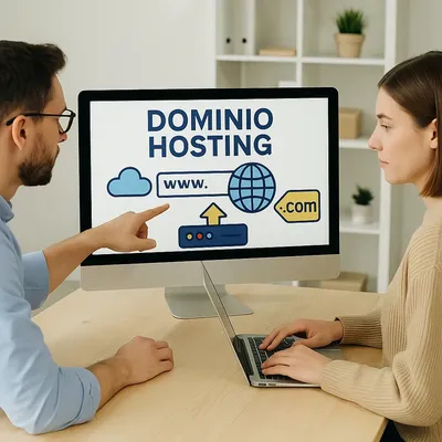 Dos personas investigando cómo un dominio puede estar en dos hosting para gestionar su dominio en su computadora portátil