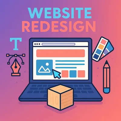 Ilustración digital moderna que muestra el rediseño de un sitio web en una laptop, con herramientas de diseño como tipografía, color y elementos visuales.
