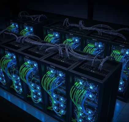 Servidores vps conectados con cables azules y verdes con luces.