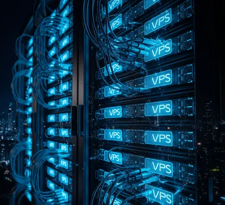 Servidores vps en color azul con cables conectados y la palabra “vps”