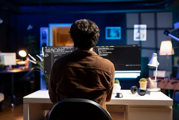 Un hombre sentado frente a una computadora aprendiendo qué es webhost y cómo funciona.