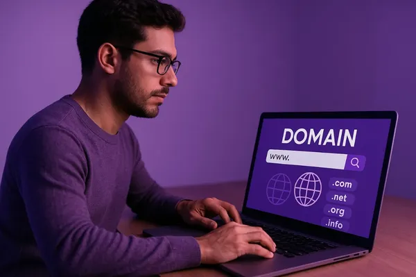 Frente a una computadora hay un hombre que está investigando como crear un dominio, la habitación es de color morado