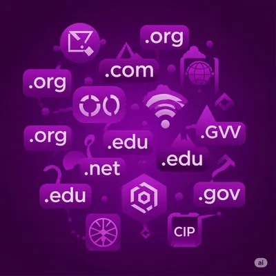 Donde comprar dominios web, la imagen es de color morada, los íconos de los dominios también son morados