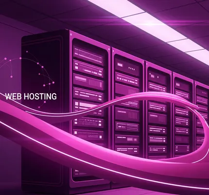 Servicios de hosting, el fondo es de color morado, los servidores están conectados