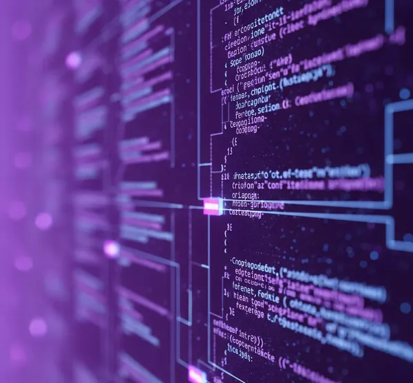 Una pantalla muestra líneas de código complejo en tonos morados y azules, con efecto de profundidad para ejemplificar el Hosting.
