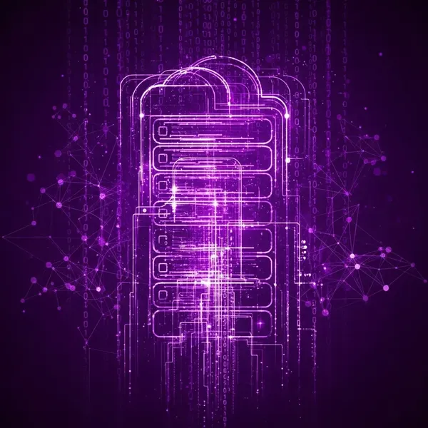Ilustración de una batería de energía para un Hosting ininterrumpido, con código binario y redes de datos moradas.