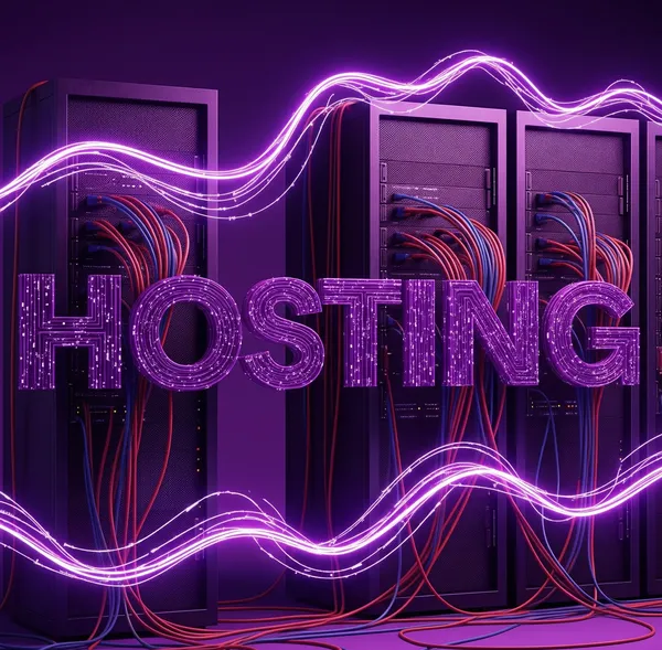 Servidores para un servicio de Hosting con la palabra "Hosting" en neón morado y vibrantes cables de red