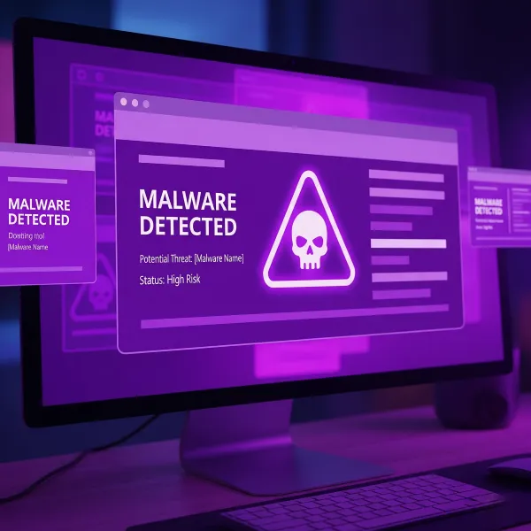 Alerta de "Malware Detectado" en un monitor, un paso clave en cómo limpiar tu hosting si tienes malware o virus.