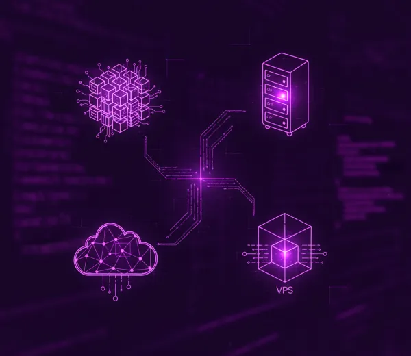 Cuatro iconos distintivos que representan diferentes tipos de hosting, en tonos morados brillantes sobre códigos.