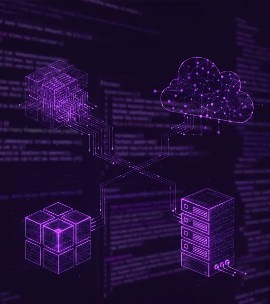 Ilustración isométrica de dos tipos de hosting, uno basado en la nube con una estructura de red conectada