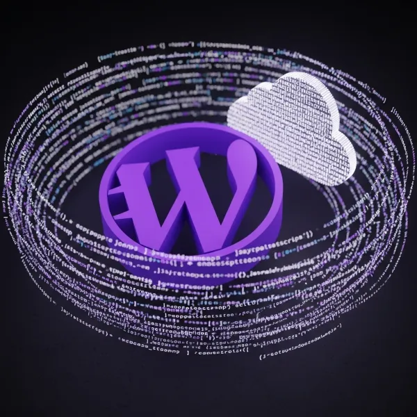 Logo de WordPress en 3D morado rodeado por códigos y una nube de datos, representando el mejor hosting para WordPress.