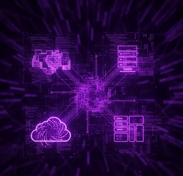 Representación de múltiples tipos de hosting interconectados, mostrando elementos como servidores, bases de datos y la nube.