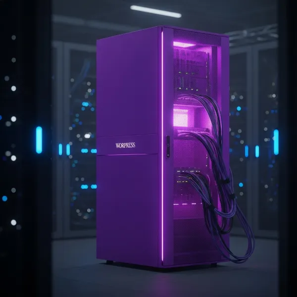 Un rack de servidor morado con la palabra "Worpress" en un centro de datos, simbolizando la infraestructura del mejor hosting para WordPress.