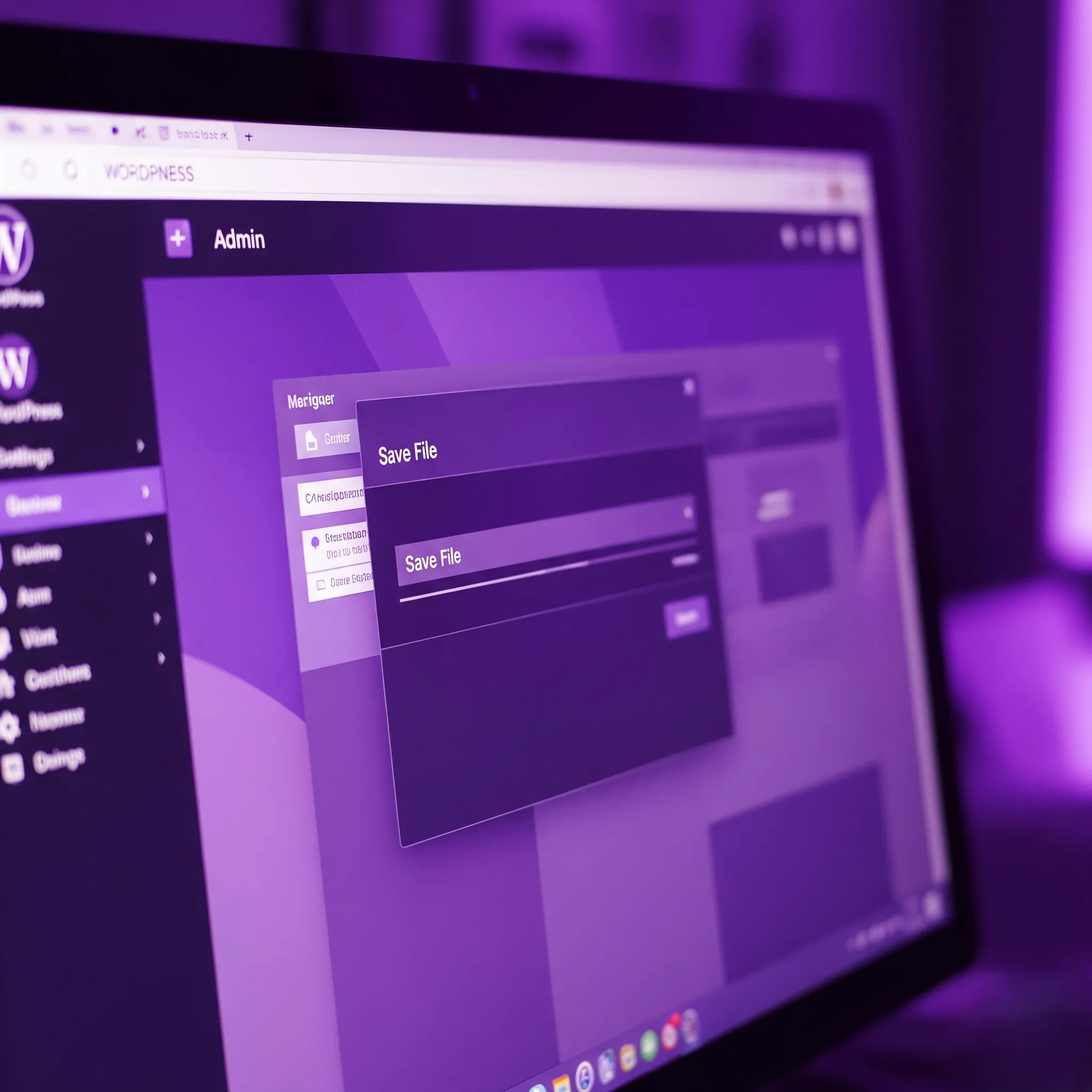 Primer plano de la pantalla de un portátil con el panel de WordPress y una ventana de "Guardar Archivo" al migrar WordPress de dominio y hosting.