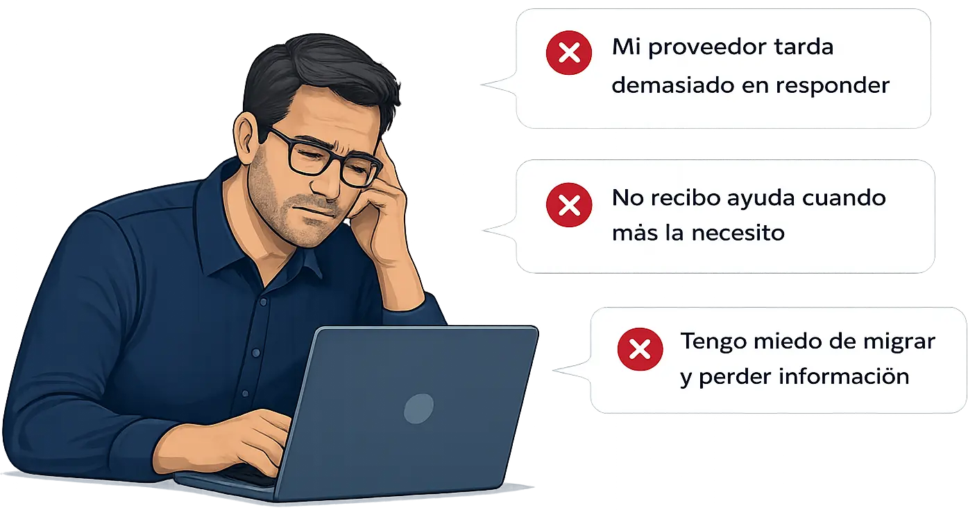 Ilustración de un usuario frustrado con su proveedor de hosting por la lentitud, la falta de soporte y el temor a perder información al migrar.