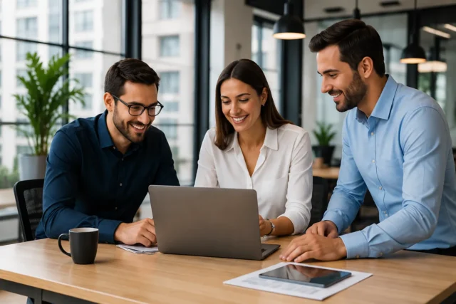 Tres personas colaborando en una computadora.